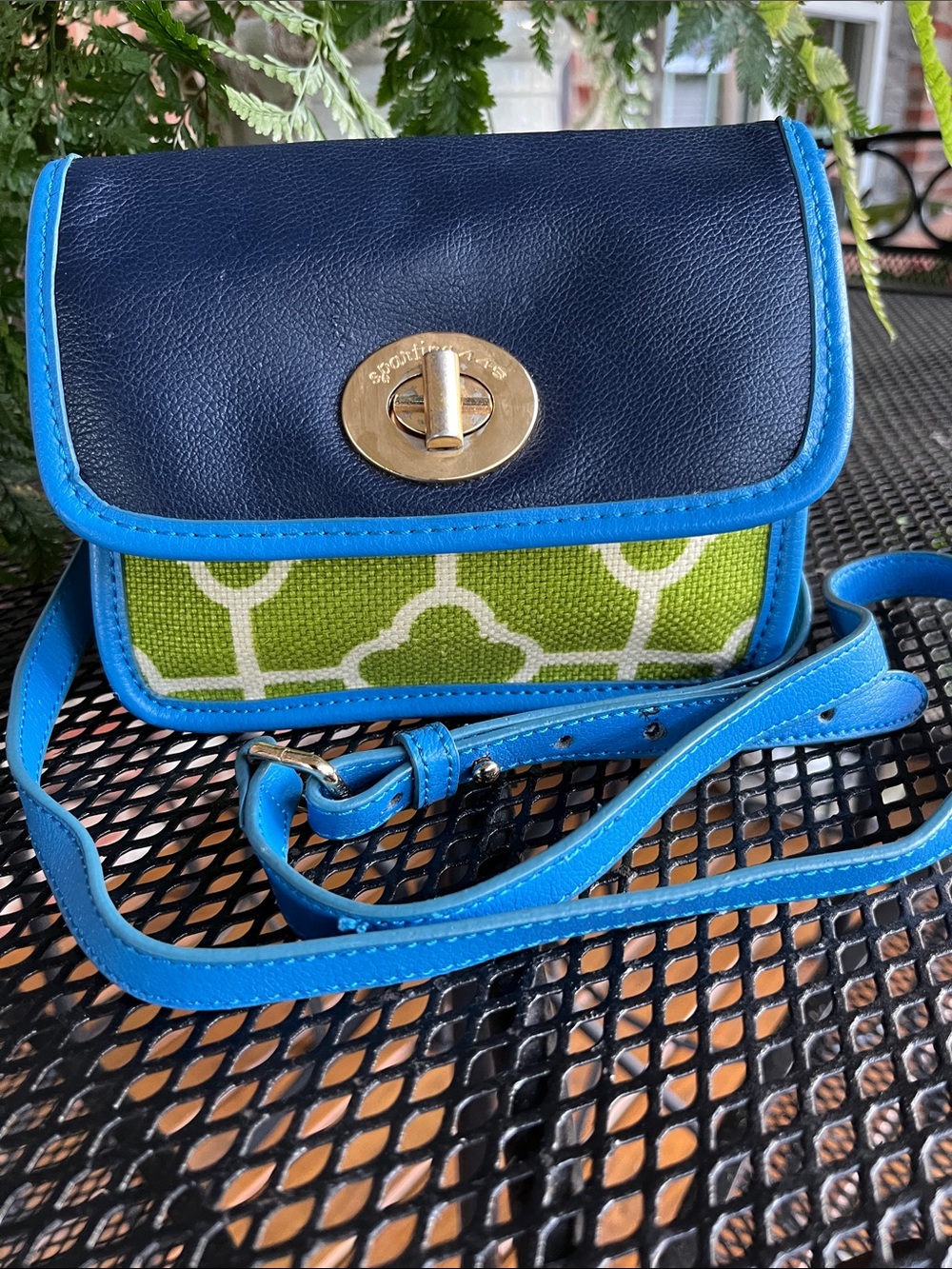 Spartina 449 Navy, Bright Blue & Lime Green Crossbody Leather and Linen